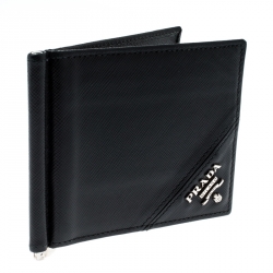 Prada Black Saffiano Leather Money Clip Bi-fold Wallet