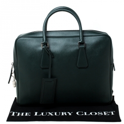 Pre Owned Prada Dark Green Leather Classic Laptop Bag