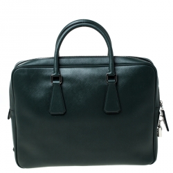 Pre Owned Prada Dark Green Leather Classic Laptop Bag