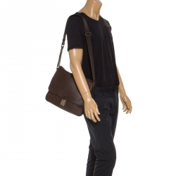 Prada Dark Brown Leather Push Lock Flap Messenger Bag