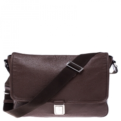 Prada Dark Brown Leather Push Lock Flap Messenger Bag