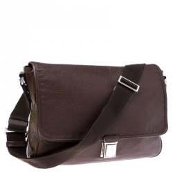 Prada Dark Brown Leather Push Lock Flap Messenger Bag