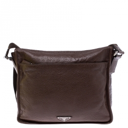 Prada Dark Brown Leather Push Lock Flap Messenger Bag