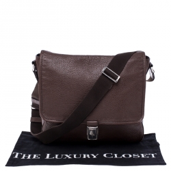Prada Dark Brown Leather Push Lock Flap Messenger Bag