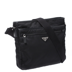 Prada Black Nylon and Leather Zip Messenger Bag