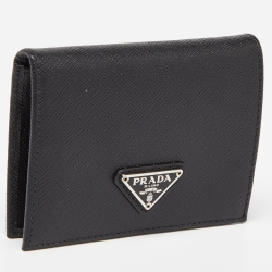 Pre Owned Prada Black Saffiano Leather Logo Flap Card Case