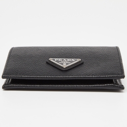 Pre Owned Prada Black Saffiano Leather Logo Flap Card Case