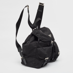 Prada Black Nylon Double Pocket Drawstring Backpack