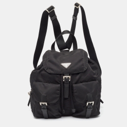 Prada Black Nylon Double Pocket Drawstring Backpack