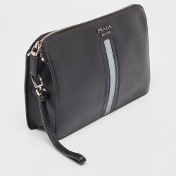 Prada Black Saffiano Leather and Alligator Zip Pouch