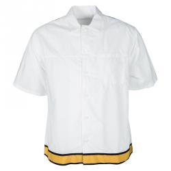 Pre Owned Prada White Cotton Contrast Striped Bottom Short Sleeve Button Front Shirt L