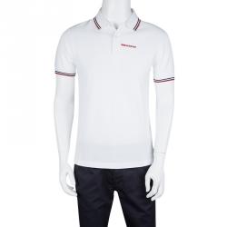 Pre Owned Prada White Honeycomb Knit Signature Stripe Cotton Polo T-Shirt M