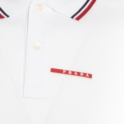 Pre Owned Prada White Honeycomb Knit Striped Trim Detail Polo T-Shirt L