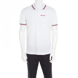 Prada White Honeycomb Knit Striped Trim Detail Polo T-Shirt L