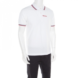 Pre Owned Prada White Honeycomb Knit Striped Trim Detail Polo T-Shirt L