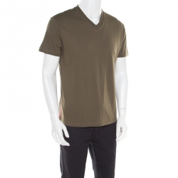 Pre Owned Prada Khaki Green Melange Cotton V Neck Short Sleeve T-Shirt M