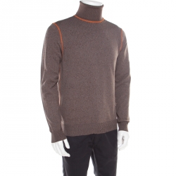 Prada Brown and Grey Contrast Top Stitch Detail Turtleneck Sweater L