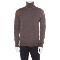 Prada Brown and Grey Contrast Top Stitch Detail Turtleneck Sweater L