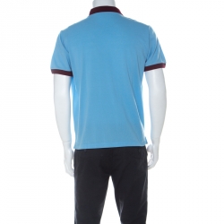 Pre Owned Prada Blue and Burgundy Cotton Piqué Logo Patch Polo T Shirt L 