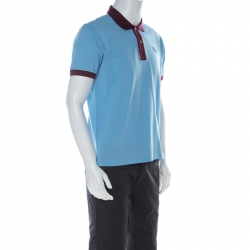 Pre Owned Prada Blue and Burgundy Cotton Piqué Logo Patch Polo T Shirt L 