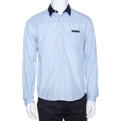 Pre Owned Prada Blue & White Striped Cotton Contrast Trim Long Sleeve Shirt M