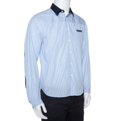 Pre Owned Prada Blue & White Striped Cotton Contrast Trim Long Sleeve Shirt M