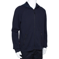 Prada Navy Blue Cotton Zip Front Hooded Sweatshirt L