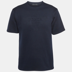 Prada Navy Blue Logo Embossed Cotton Oversized T-Shirt S