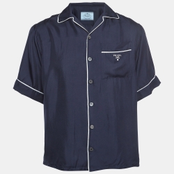 Prada Navy Blue Logo Print Silk Bowling Shirt S
