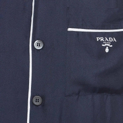 Prada Navy Blue Logo Print Silk Bowling Shirt S