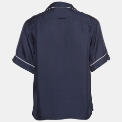 Prada Navy Blue Logo Print Silk Bowling Shirt S