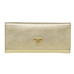 Pre Owned Prada Gold Saffiano Leather Long Flap Wallet