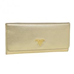 Pre Owned Prada Gold Saffiano Leather Long Flap Wallet