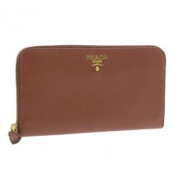 Pre Owned Prada Brown Saffiano Zip Around Wallet