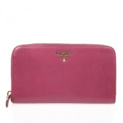 Pre Owned Prada Pink Saffiano Zip Around Wallet