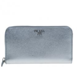 مملوكة مسبقًا Prada Silver Saffiano Zip Around Continental Wallet