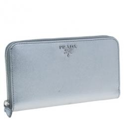 مملوكة مسبقًا Prada Silver Saffiano Zip Around Continental Wallet