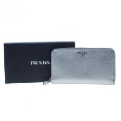 مملوكة مسبقًا Prada Silver Saffiano Zip Around Continental Wallet