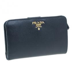 Pre Owned Prada Black Saffiano Leather Compact Lampo Wallet