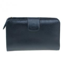 Pre Owned Prada Black Saffiano Leather Compact Lampo Wallet