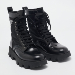 Pre Owned Prada Black Leather and Nylon Combat Boots Size 40