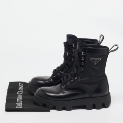Pre Owned Prada Black Leather and Nylon Combat Boots Size 40