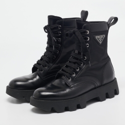 Pre Owned Prada Black Leather and Nylon Combat Boots Size 40