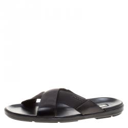 Prada Black Leather and Nylon Criss Cross Flat Slides Size 46