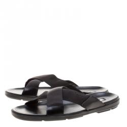 Prada Black Leather and Nylon Criss Cross Flat Slides Size 46