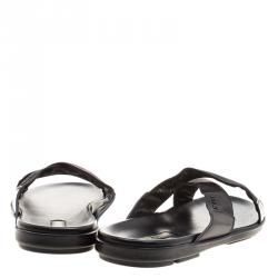 Prada Black Leather and Nylon Criss Cross Flat Slides Size 46