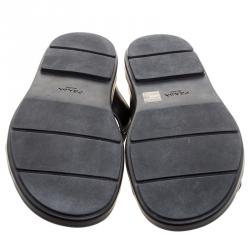 Prada Black Leather and Nylon Criss Cross Flat Slides Size 46