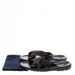 Prada Black Leather and Nylon Criss Cross Flat Slides Size 46