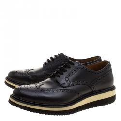 Prada Black Brogue Leather Wingtip Derby Size 40