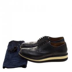 Prada Black Brogue Leather Wingtip Derby Size 40
